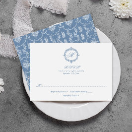Cartão RSVP Elegant Vintage Blue Toile Monogram Wedding