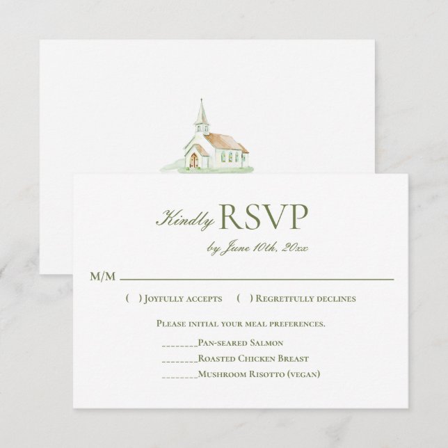 Cartão RSVP Elegant Watercolor Chapel Wedding  (Frente/Verso)