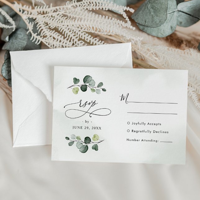 Cartão RSVP Elegant Watercolor Eucalyptus Greenery Wedding (Criador carregado)