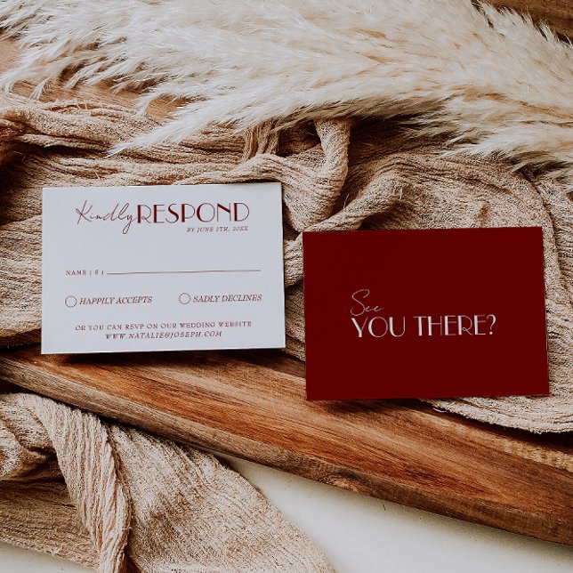 Cartão RSVP Elegant White Deep Red Burgundy Minimalist Wedding (Criador carregado)