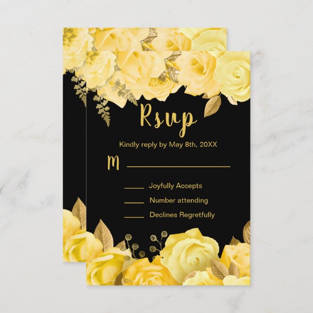 Cartão RSVP Elegant Yellow and Gold Flowers Sweet Sixteen (Frente/Verso)