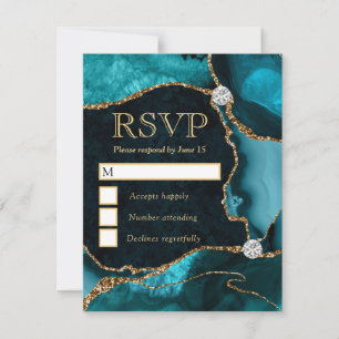 Cartão RSVP Elegante Ágata Mármore Brilho Falso em Azul Turque