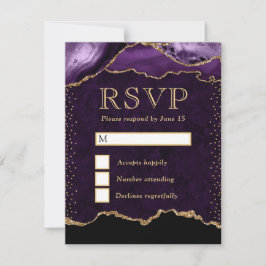 Cartão RSVP Elegante Ágata Mármore Falso Brilho Roxo e Dourado