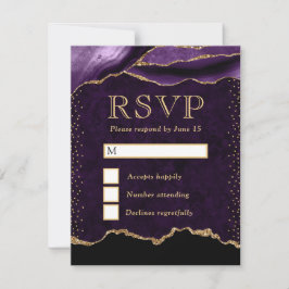 Cartão RSVP Elegante Ágata Mármore Falso Brilho Roxo e Dourado