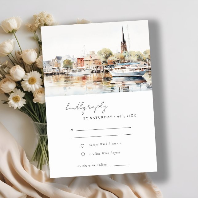Cartão RSVP Elegante Annapolis Maryland Watercolor Wedding (Criador carregado)
