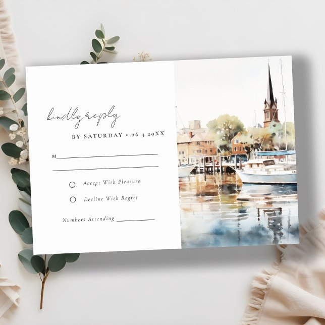 Cartão RSVP Elegante Annapolis Maryland Watercolor Wedding (Criador carregado)