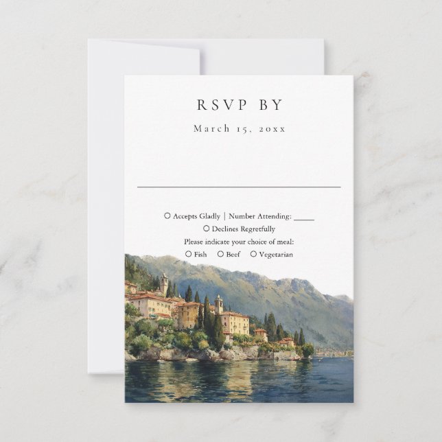 Cartão RSVP Elegante Aquarela Lago Como Itália Casamento (Frente)
