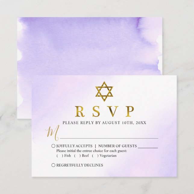 Cartão RSVP Elegante Aquarela Pastel Dourado Púrpura Bat Mitzv (Frente/Verso)