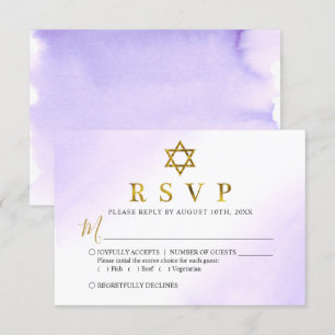 Cartão RSVP Elegante Aquarela Pastel Dourado Púrpura Bat Mitzv