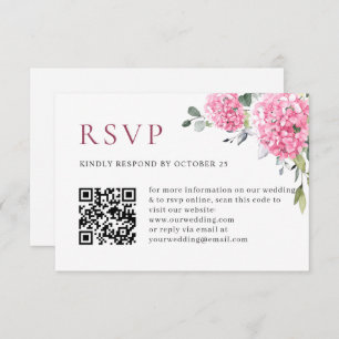 Cartão RSVP Elegante Aquarela Rosa Hydrangea Código QR Casamen