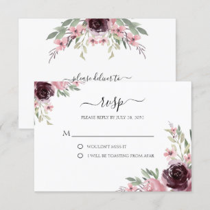 Cartão RSVP Elegante Aquarela Verde Burgundy Mauve 