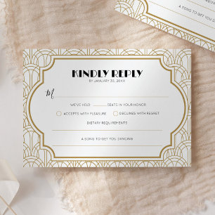 Cartão RSVP Elegante Art Deco Gatsby Casamento Anos 20 Ouro Br