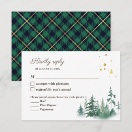 Cartão RSVP Elegante Árvore Verde Dourado Aquarela Casamento R