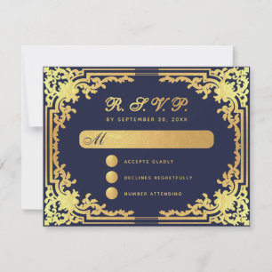 Cartão RSVP Elegante Azul Marinho com Folha Dourada Falso Casa