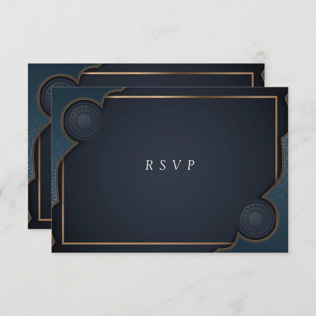 Cartão RSVP Elegante Azul Marinho Turquesa e Dourado Moderno  (Frente/Verso)