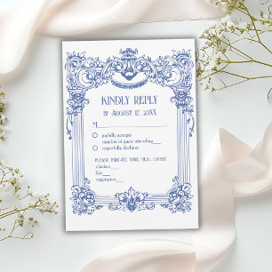 Cartão RSVP Elegante Barroco Floral Azul Coluna Casamento