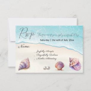 Cartão RSVP Elegante Beach Wedding Seashells Pearls Náutico