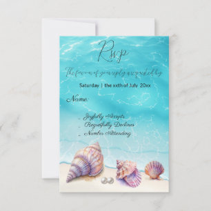 Cartão RSVP Elegante Beach Wedding Seashells Pearls Náutico