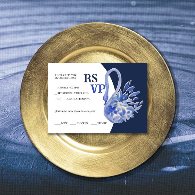 Cartão RSVP Elegante Belo Blue Boho Swan Watercolor (Criador carregado)