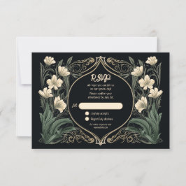 Cartão RSVP Elegante Black and Dourado Art Nouveau Floral