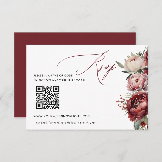 Cartão RSVP Elegante Boho Burgundy Blush Floral CÓDIGO QR (Frente/Verso)