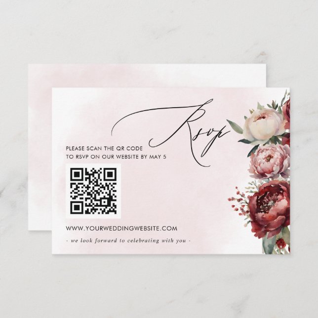 Cartão RSVP Elegante Boho Burgundy Blush Floral CÓDIGO QR (Frente/Verso)