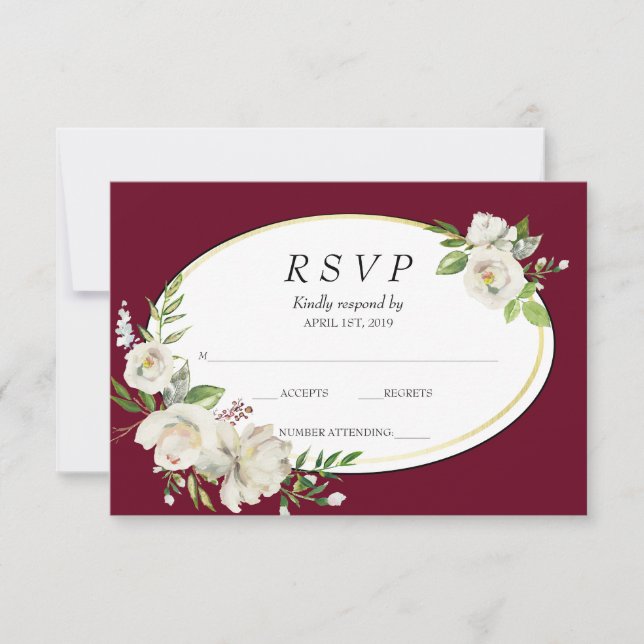 Cartão RSVP Elegante Boho Burgundy Casamento Floral Dourado RS (Frente)