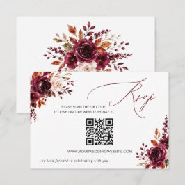 Cartão RSVP Elegante Boho Burgundy Floral de Outono QR CODE