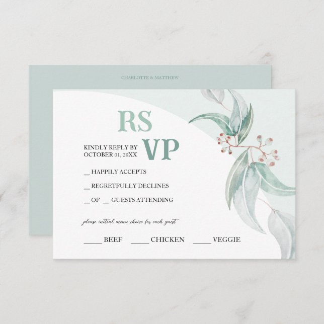 Cartão RSVP Elegante Boho Eucalyptus Watercolor Art (Frente/Verso)