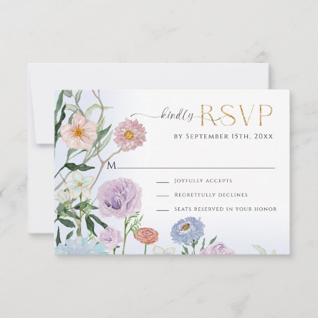 Cartão RSVP Elegante BOHO Wildflower Watercolor Azul (Frente)