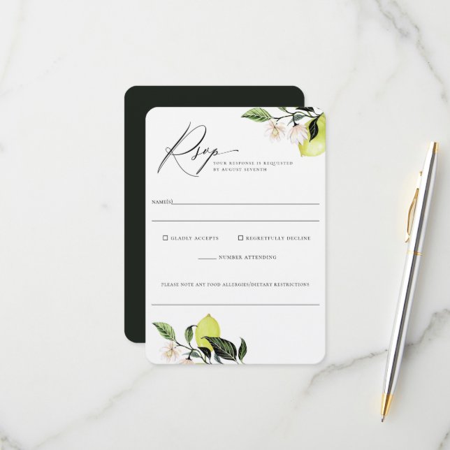 Cartão RSVP Elegante Botânica Lemons Alergia Comida Caseira Rs (Frente/Verso In Situ)