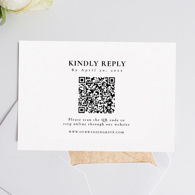 Cartão RSVP Elegante branco e preto clássico (Simplify wedding RSVPs with our QR code feature, ensuring easy and hassle-free responses.)