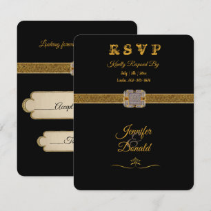 Cartão RSVP Elegante Broche de Brilho Dourado Preto