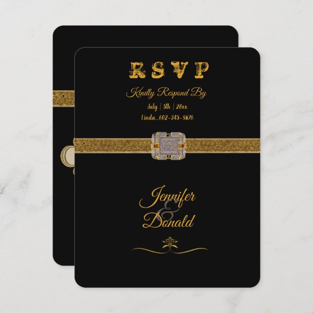 Cartão RSVP Elegante Broche de Brilho Preto Dourado (Frente/Verso)