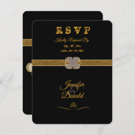 Cartão RSVP Elegante Broche de Brilho Preto e Dourado