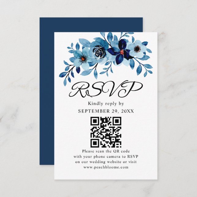 Cartão RSVP elegante buquê de flores em aquarela azul empoeira (Frente/Verso)