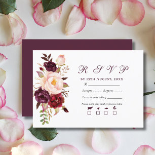 Cartão RSVP Elegante Buquê de Noiva Moderno Rosa e Borgonha