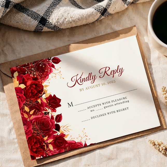 Cartão RSVP Elegante Burgundy e Dourada Quinceañera (Criador carregado)