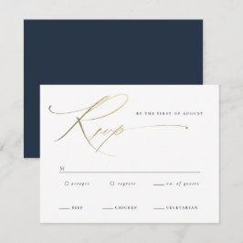 Cartão RSVP Elegante Casamento Azul-Marinho com Letra Dourada