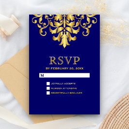 Cartão RSVP Elegante Casamento Azul Real Dourado Damask