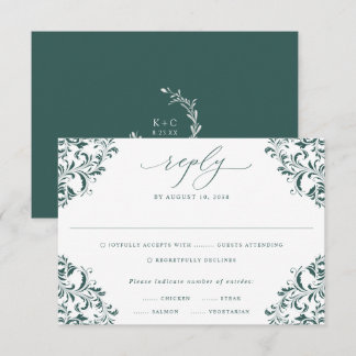Cartão RSVP Elegante Casamento Clássico Vintage Verde Esmerald