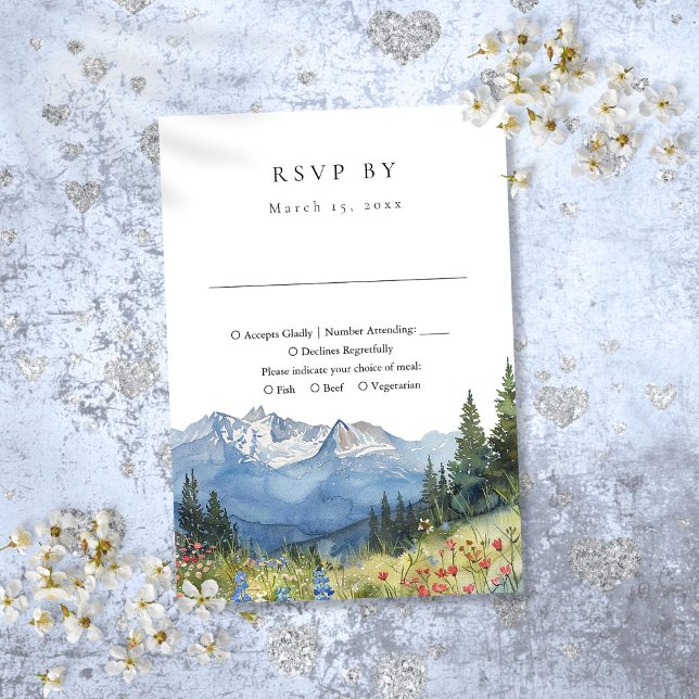 Cartão RSVP Elegante Casamento de Montanha com Flor Silvestre  (Elegant Watercolor Mountain Wildflower Wedding RSVP Card)