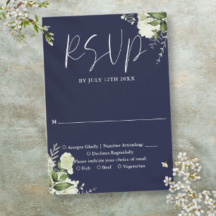Cartão RSVP Elegante Casamento Floral de Verde com Azul Naval