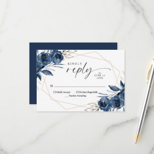 Cartão RSVP Elegante Casamento Floral em Azul Naval e Prata