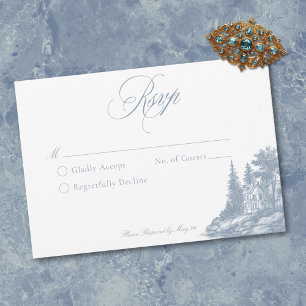 Cartão RSVP Elegante Casamento Francês Toile Azul Poeirento em