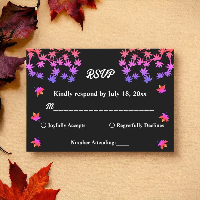 Cartão RSVP Elegante Casamento outono De Folhas Brilhantes A P (Criador carregado)