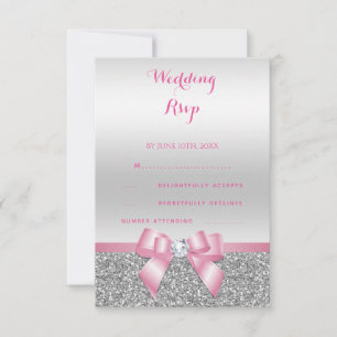 Cartão RSVP Elegante Casamento Romântico com Laço Rosa e Brilh