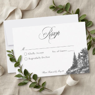 Cartão RSVP Elegante Casamento Toile Preto Branco Mansão Franc