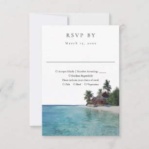 Cartão RSVP Elegante Casamento Tropical à Beira-Mar em Aquarel
