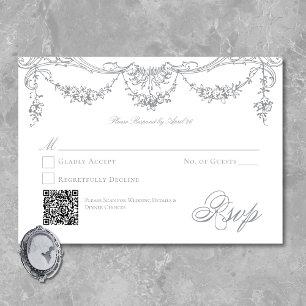 Cartão RSVP Elegante Casamento Vitoriano Cinza Francês em Chin